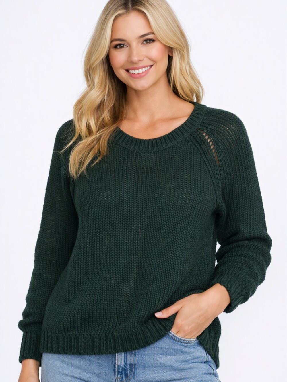 BB Dakota Dark Green Chunky Knit Sweater – Cozy Raglan Crewneck Fall Essential S